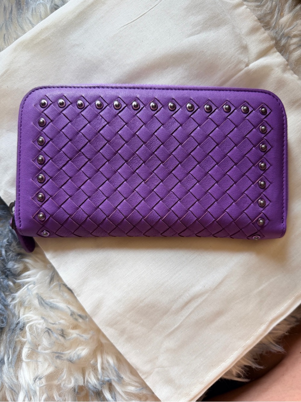 Rare Bottega Veneta Intrecciato Studded Zip-Around Long Wallet